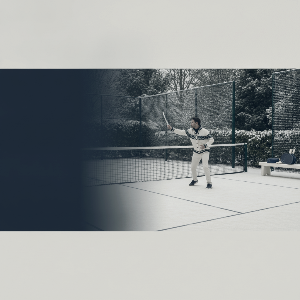 Platform tennis court dusted with snow at a winter club